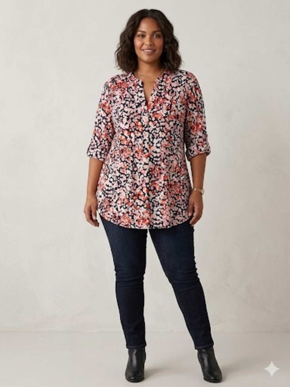 Ava & Grace Plus Size 2X Abstract Floral Mosaic Tunic Blouse Roll Tab Sleeve